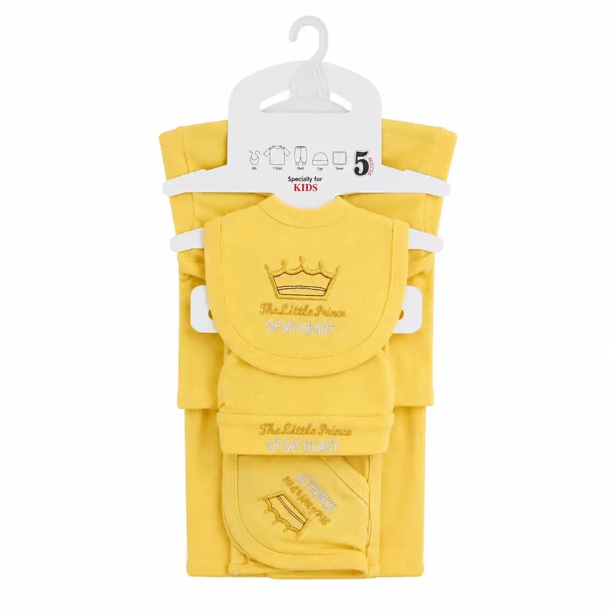Sunshine yellow 5 Pcs Little Prince baby starter set in soft interlock for newborn 0–3 months
