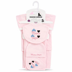 Baby pink 5 Pcs Mama Papa newborn starter set with shirt pajama cap bib and wrapping sheet