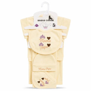 Cream 5 Pcs Mama Papa baby starter set in soft interlock for newborn babies 0–3 months