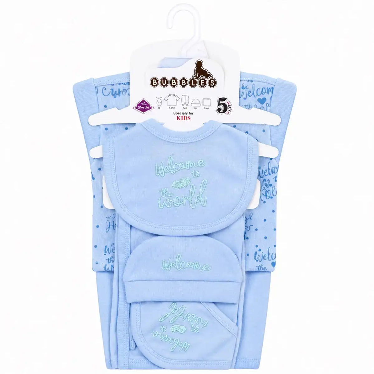 5 Pcs Welcome to the World newborn baby starter set in baby blue for 0–3 months