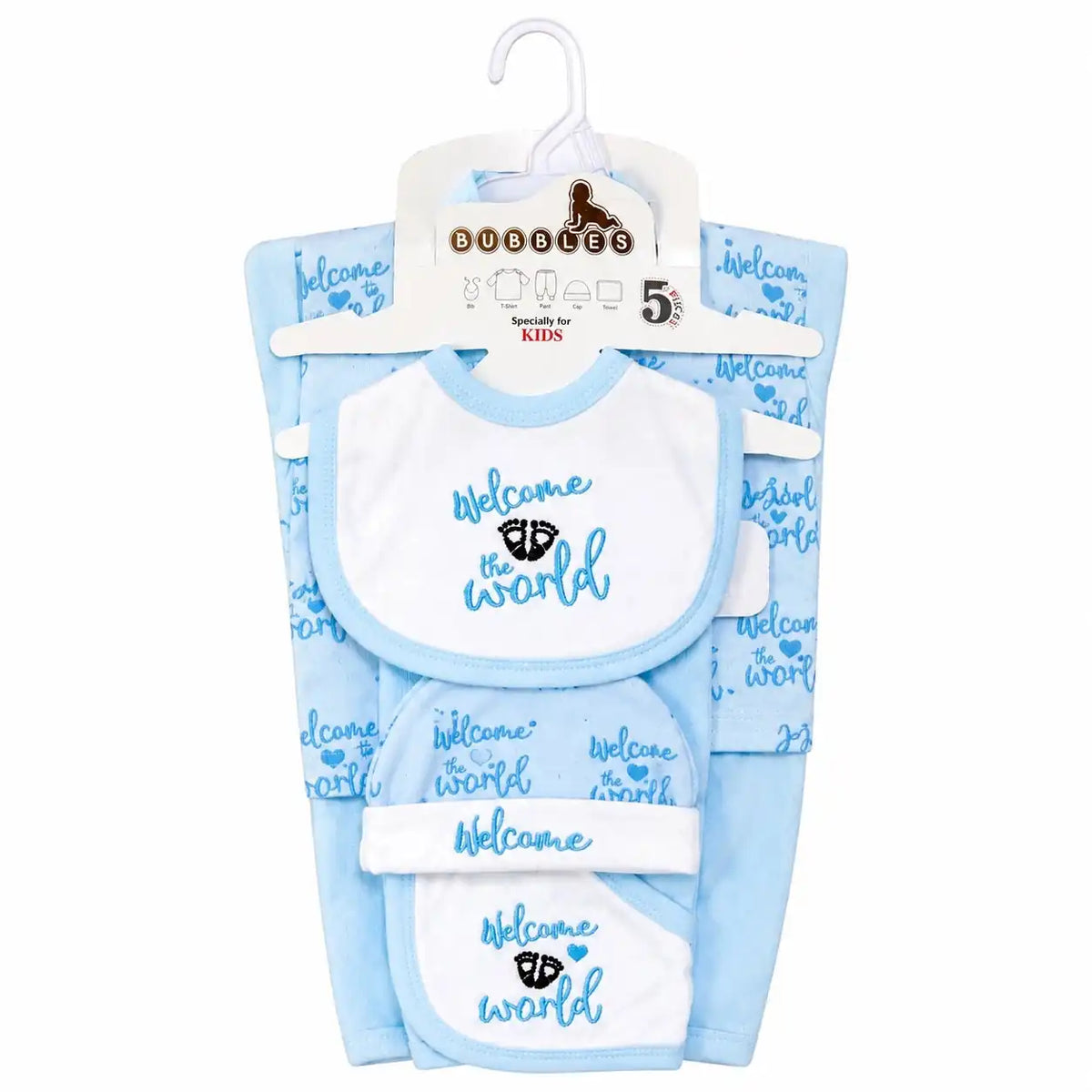 Baby blue 5 Pcs Welcome to the World baby starter set in soft interlock for newborn 0–3 months