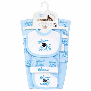 Baby blue 5 Pcs Welcome to the World baby starter set in soft interlock for newborn 0–3 months