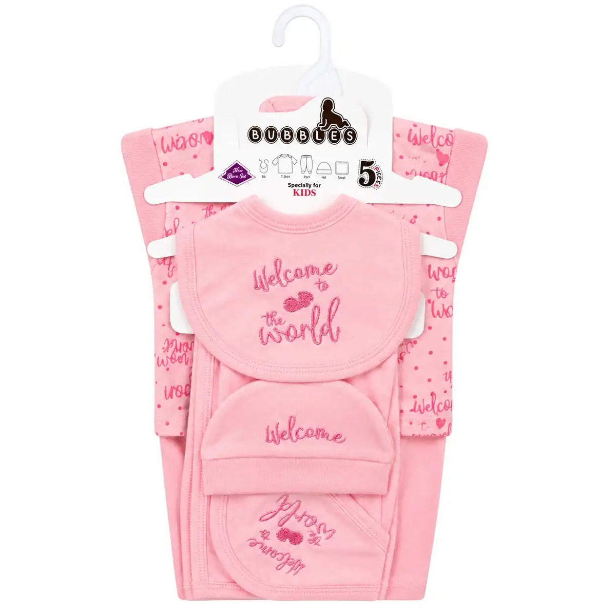 5 Pcs Welcome to the World newborn baby starter set in baby pink soft interlock for 0–3 months