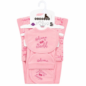 5 Pcs Welcome to the World newborn baby starter set in baby pink soft interlock for 0–3 months