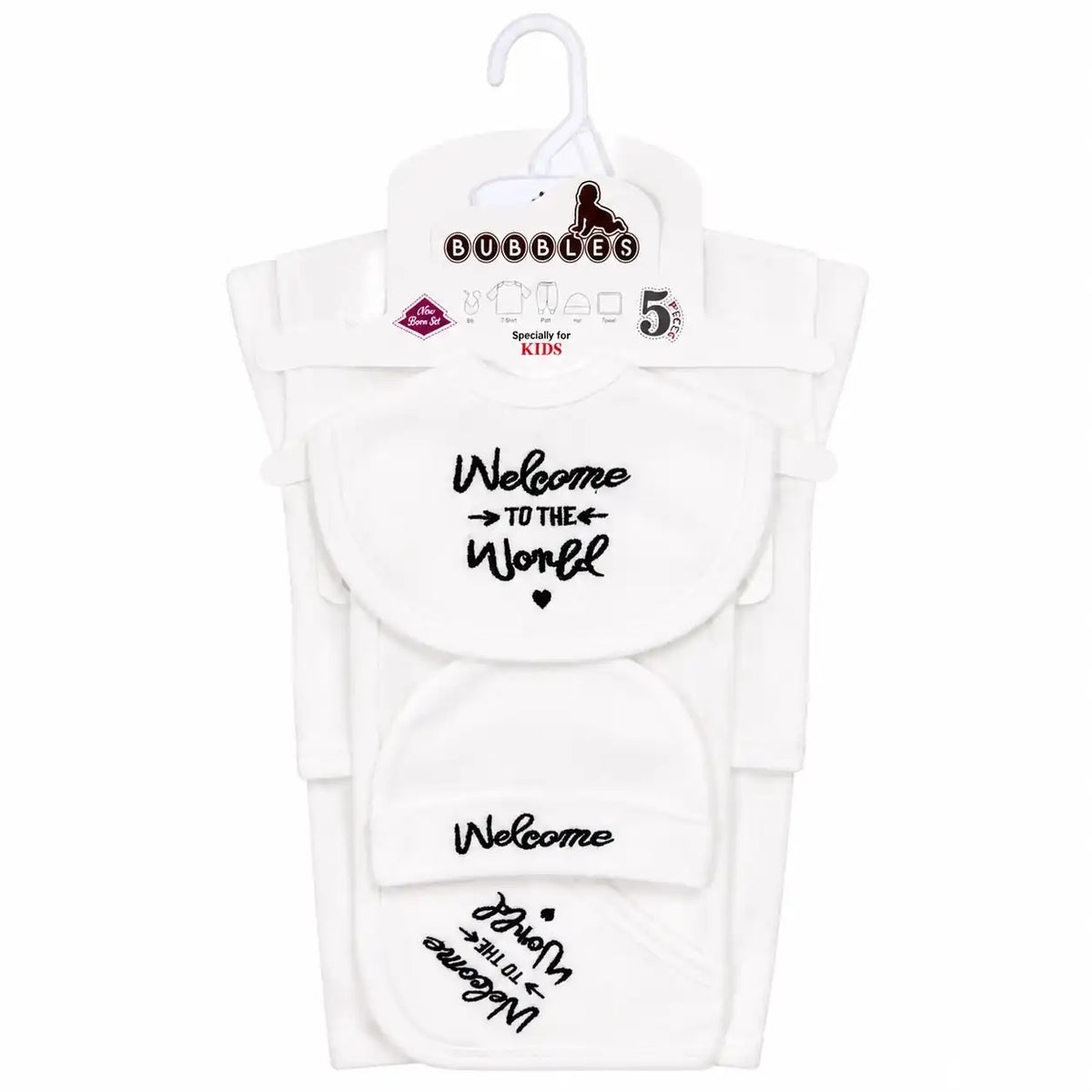 5 Pcs Welcome to the World newborn baby starter set with black embroidery for 0–3 months