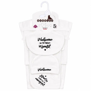 5 Pcs Welcome to the World newborn baby starter set with black embroidery for 0–3 months