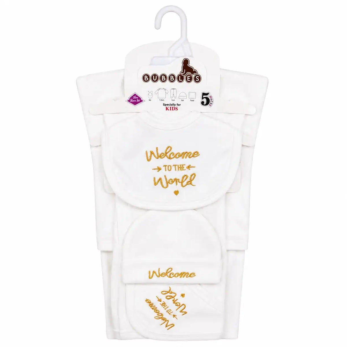 5 Pcs Welcome to the World baby starter set with golden embroidery in soft interlock