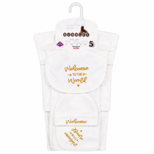 5 Pcs Welcome to the World baby starter set with golden embroidery in soft interlock