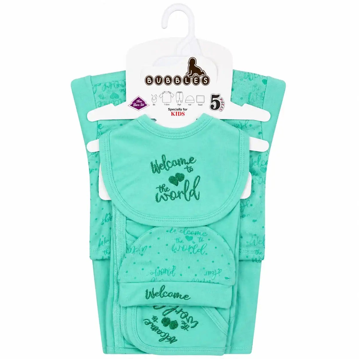 5 Pcs Welcome to the World newborn baby starter set in mint green soft interlock