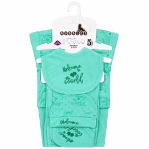 5 Pcs Welcome to the World newborn baby starter set in mint green soft interlock