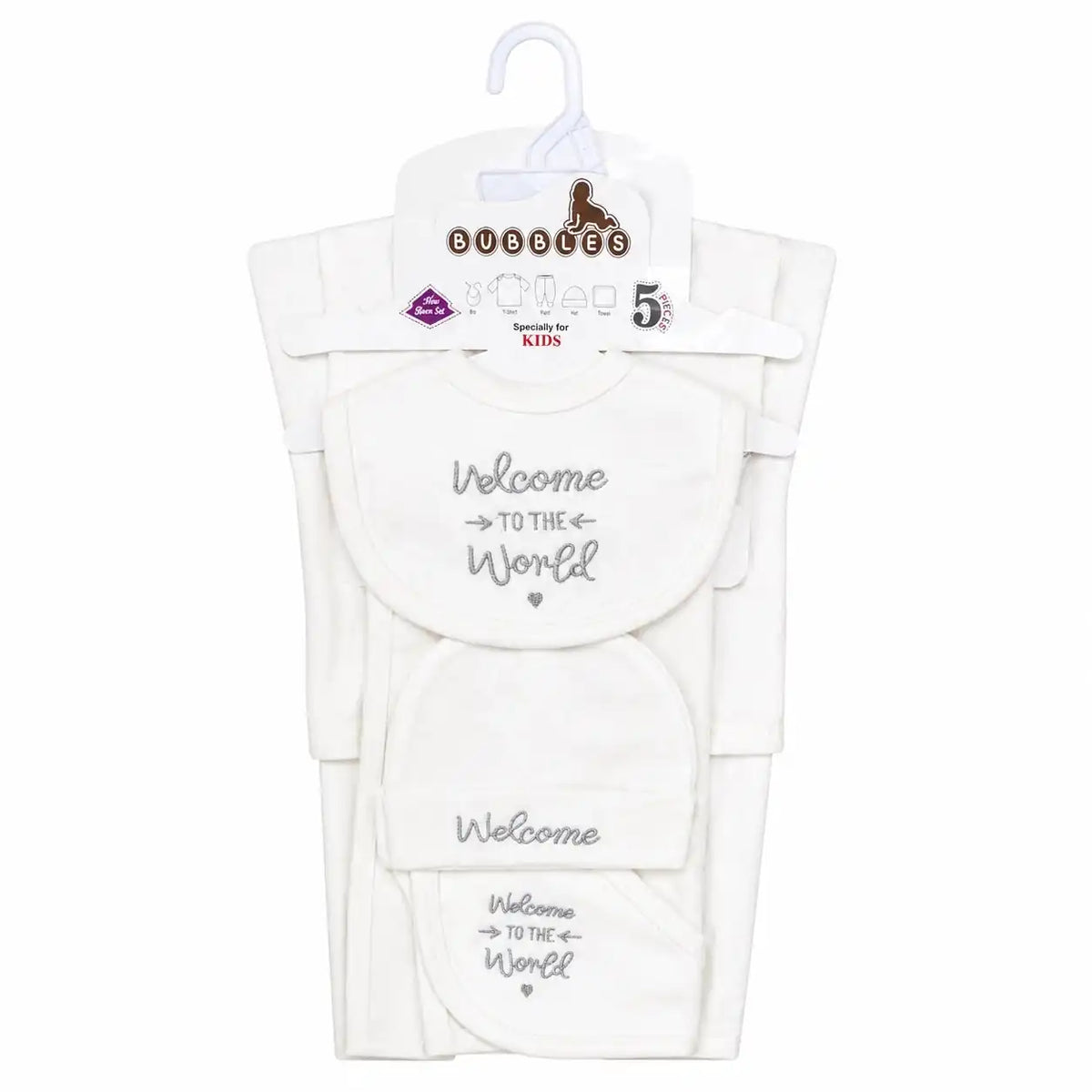5 Pcs Welcome to the World newborn clothing starter set with silver embroidery for 0–3 months