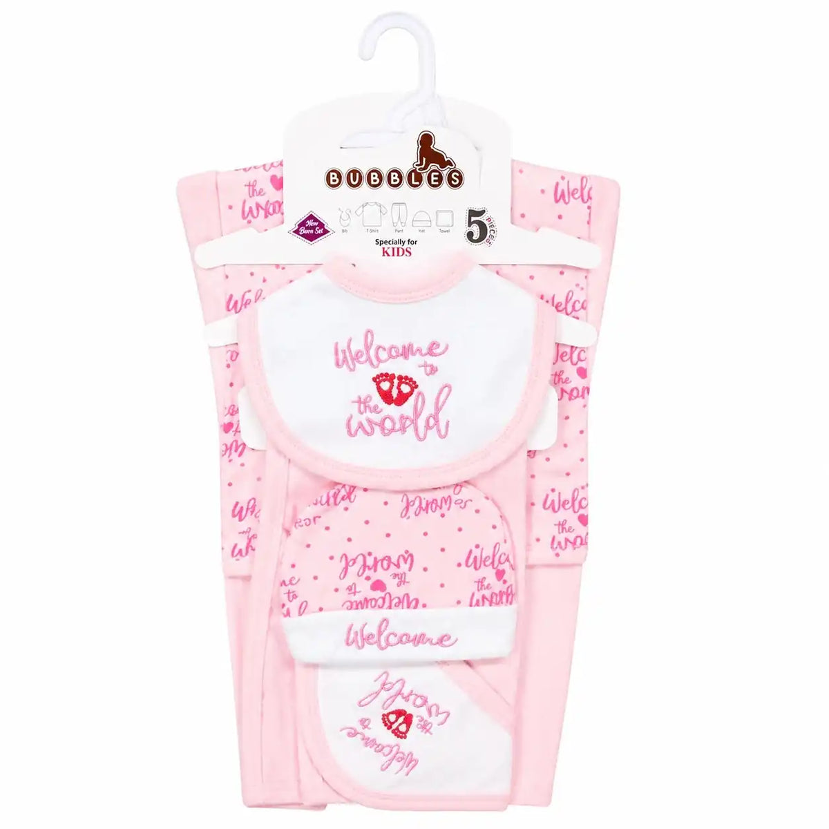 Baby pink 5 Pcs Welcome to the World baby clothing starter set in soft interlock for 0–3 months