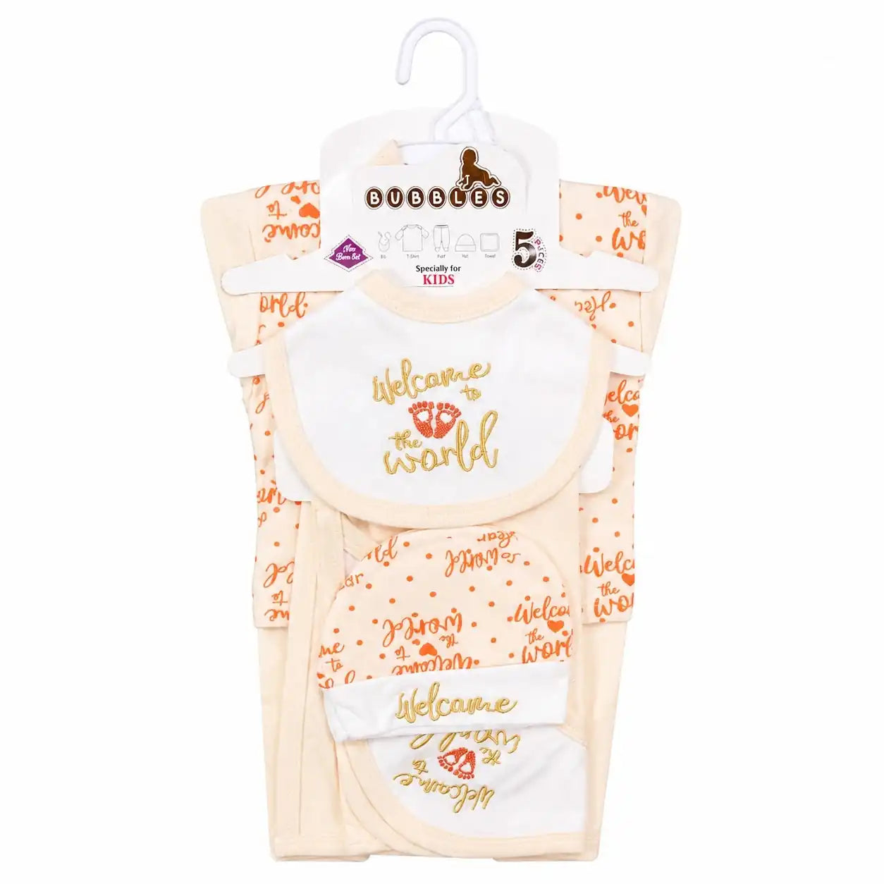 Cream 5 Pcs Welcome to the World newborn baby starter set with embroidered bib and matching print