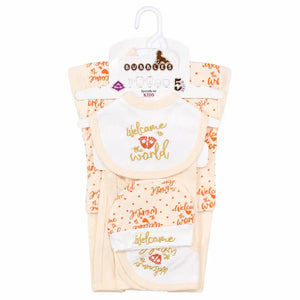 Cream 5 Pcs Welcome to the World newborn baby starter set with embroidered bib and matching print
