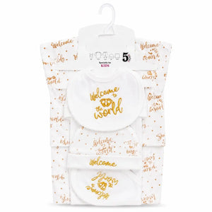 Golden beige 5 Pcs Welcome to the World baby starter set in soft interlock for babies 0–3 months
