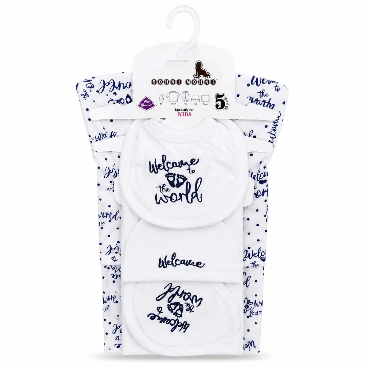 Navy blue 5 Pcs Welcome to the World baby starter set in soft interlock for newborn 0–3 months
