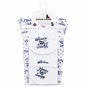 Navy blue 5 Pcs Welcome to the World baby starter set in soft interlock for newborn 0–3 months