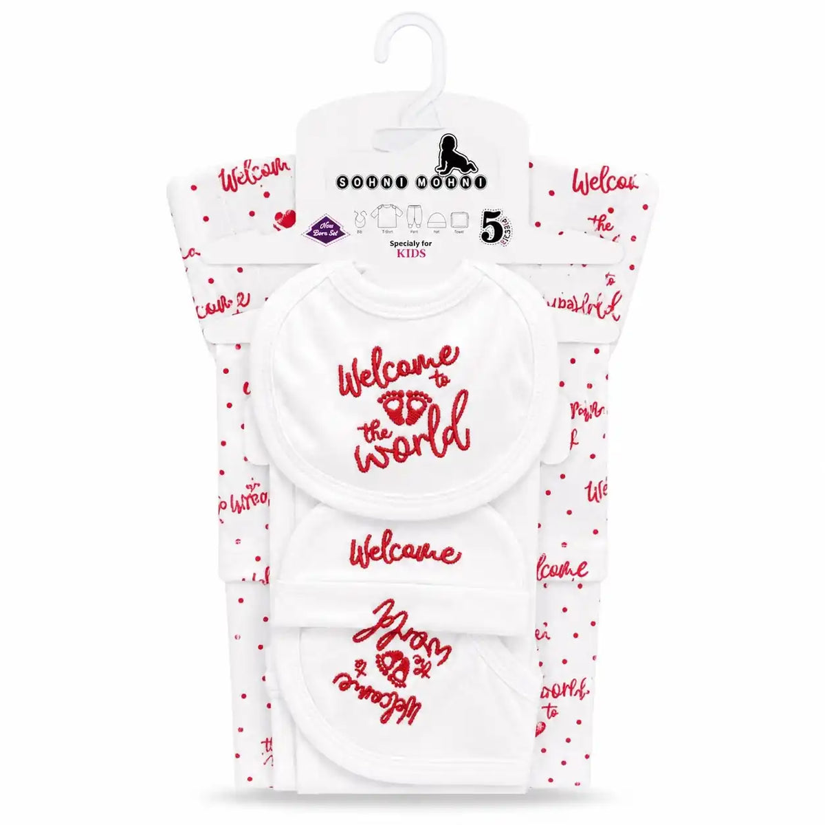 Red 5 Pcs Welcome to the World newborn baby starter set with shirt pajama cap bib and wrapping sheet