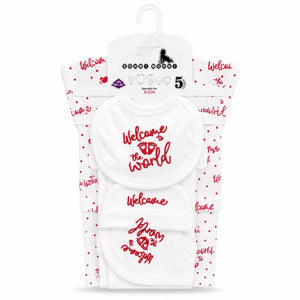 Red 5 Pcs Welcome to the World newborn baby starter set with shirt pajama cap bib and wrapping sheet