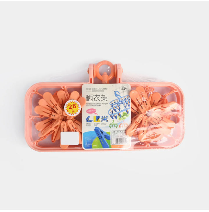 Foldable clothes hanger with 28 clips for drying baby clothes and laundry