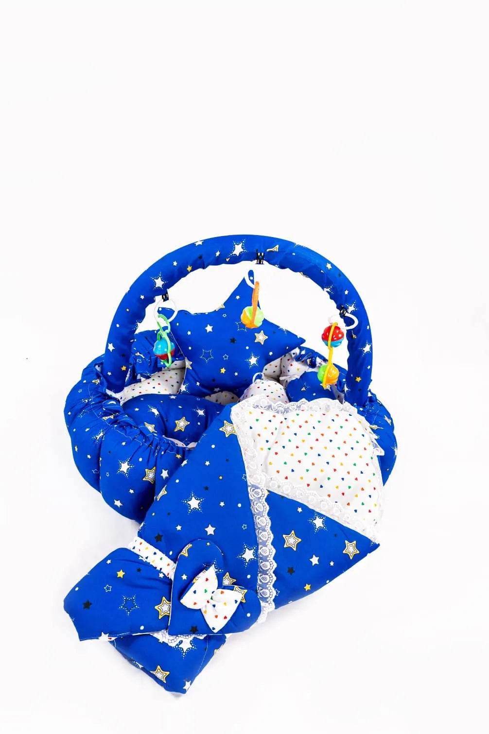 Dark Blue Star Baby Snuggle Nest Bed Set with Carry Wrap and Hanging Toys in Pakistan