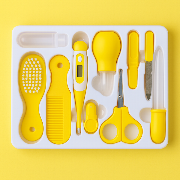 Yellow baby grooming kit 10 pcs set with thermometer, comb, brush & nail tools