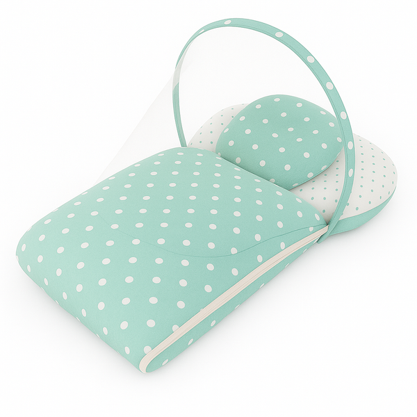 Baby Carry Nest with Removable Mosquito Net – Polka Dot Green | Soft & Cozy Baby Bed