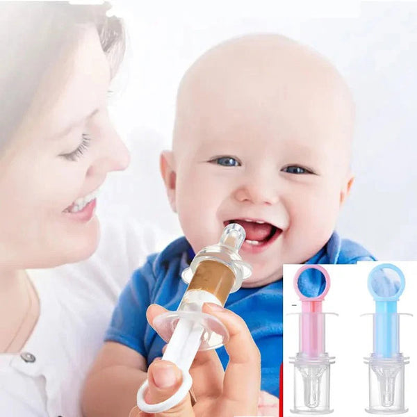Baby medicine dispenser with a nipple-type design that reduces bitterness and helps babies take medicine comfortably, with a marked scale for accurate dosage.