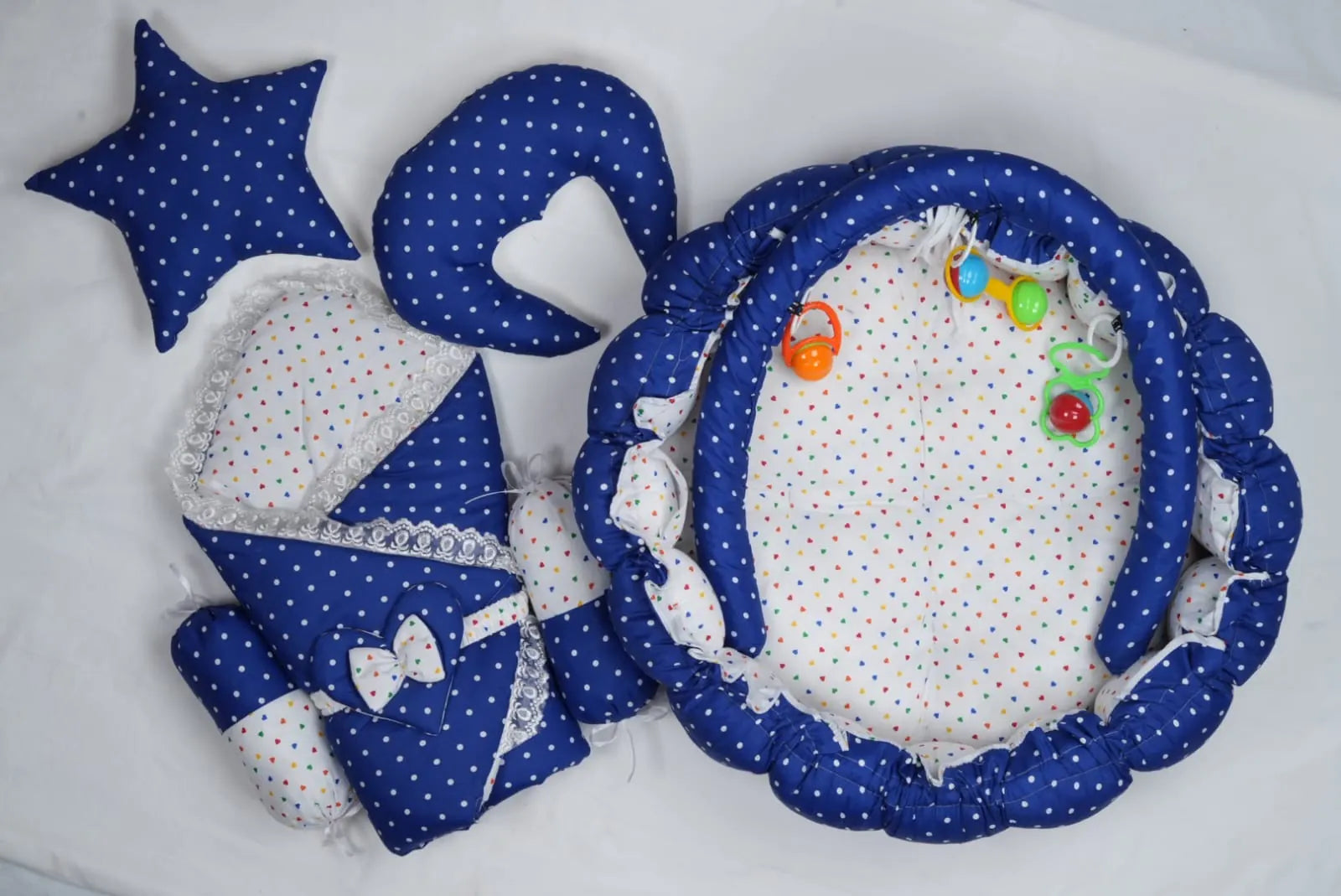 Blue Polka Dot Baby Snuggle Nest Set with Carry Wrap and Pillows in Pakistan