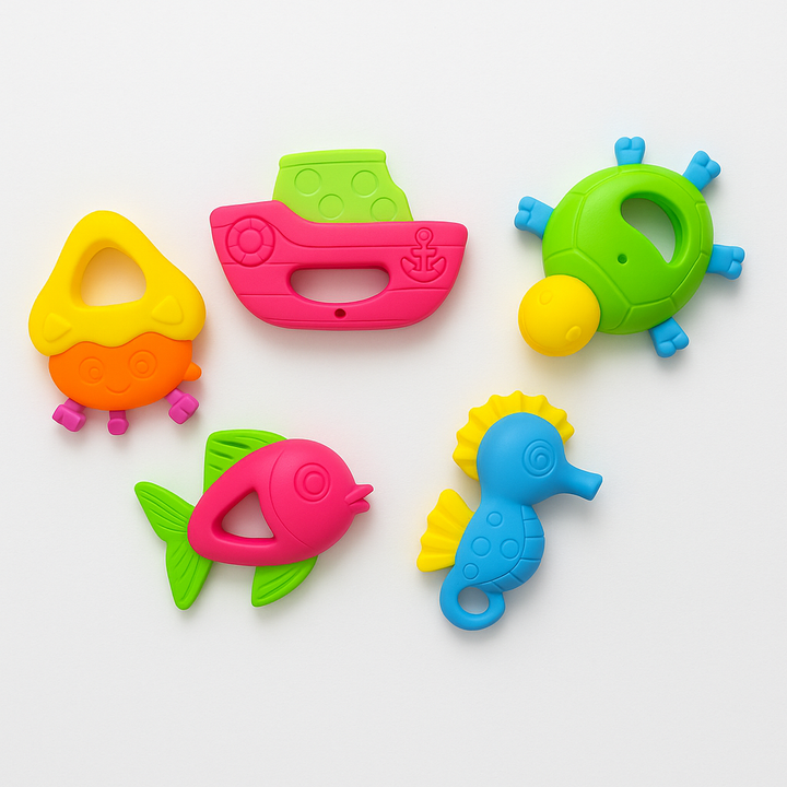 Pack of 5 colorful baby teether rattle toys with chan chan sound on white background – Babify Store