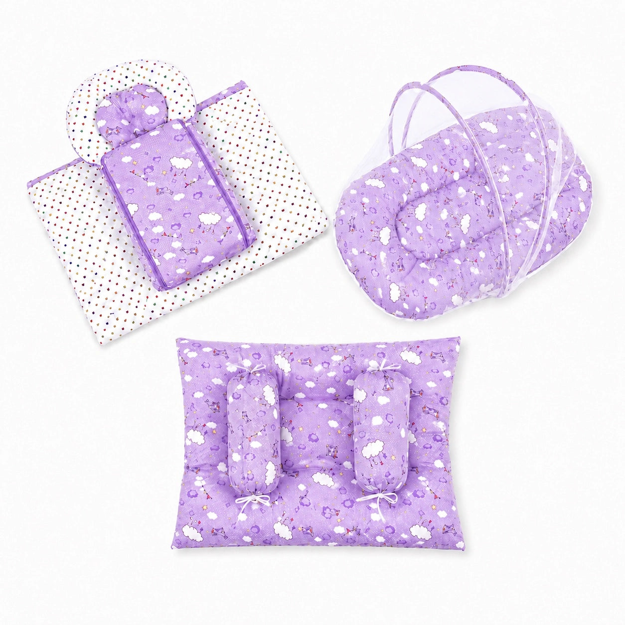 8-Piece Baby Bedding Set with Mosquito Net & Blanket – Cloud Pattern (Purple)