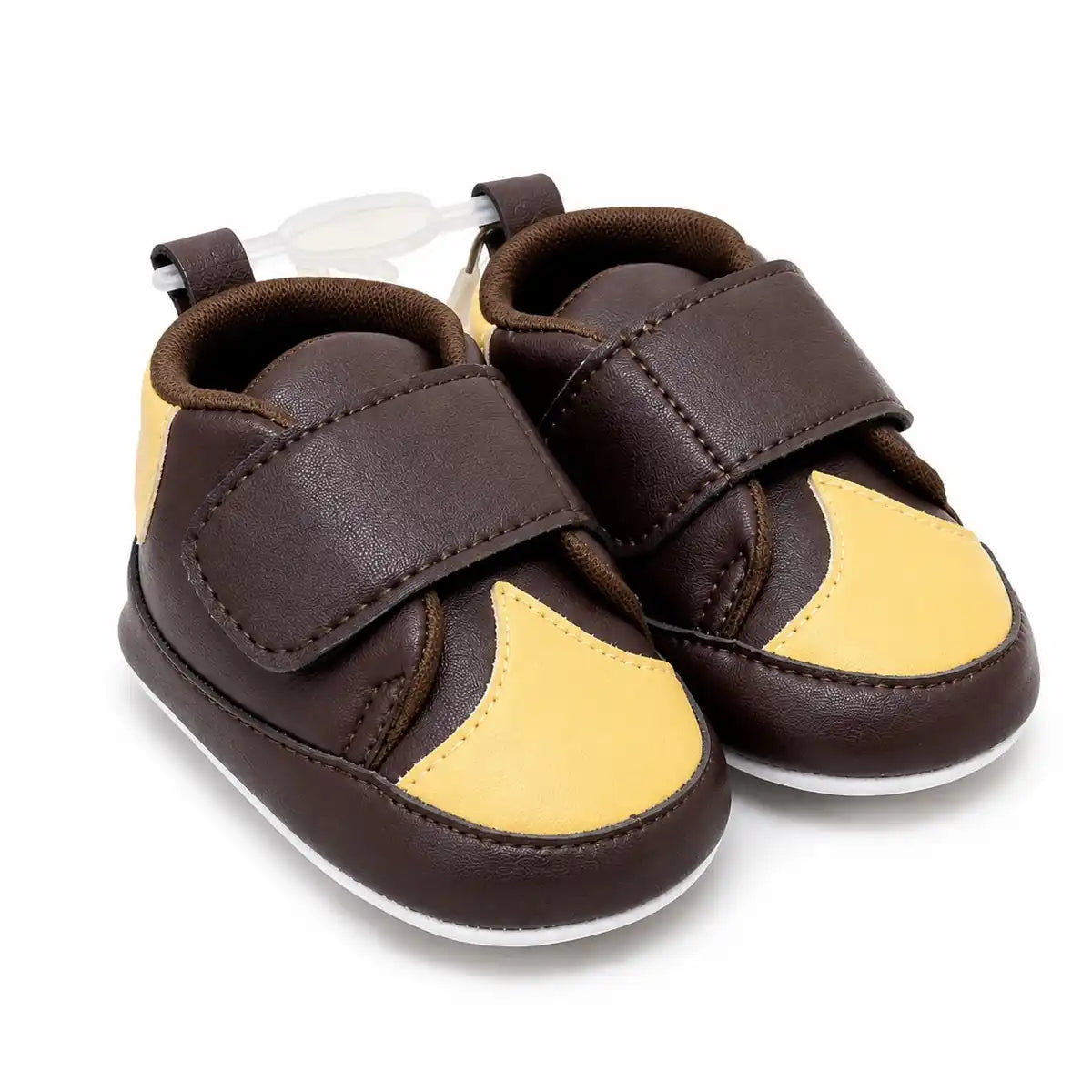 Baby brown and mustard soft sole first walker shoes with hook and loop strap – angled view