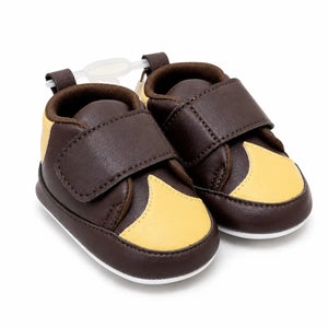 Baby brown and mustard soft sole first walker shoes with hook and loop strap – angled view