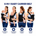 6 in 1 black soft infant carrier showing front inward outward backpack and hip seat positions
