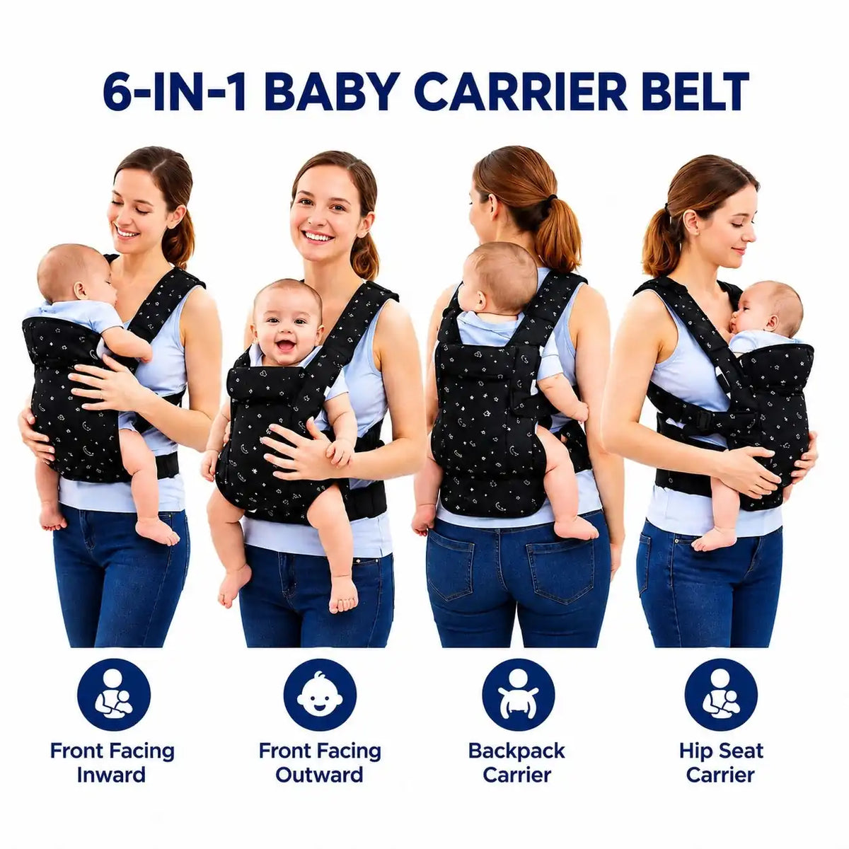 6 in 1 black soft infant carrier showing front inward outward backpack and hip seat positions