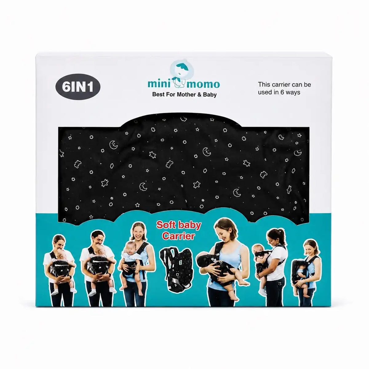 6 in 1 black multi position soft infant carrier with product packaging