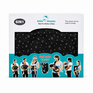 6 in 1 black multi position soft infant carrier with product packaging