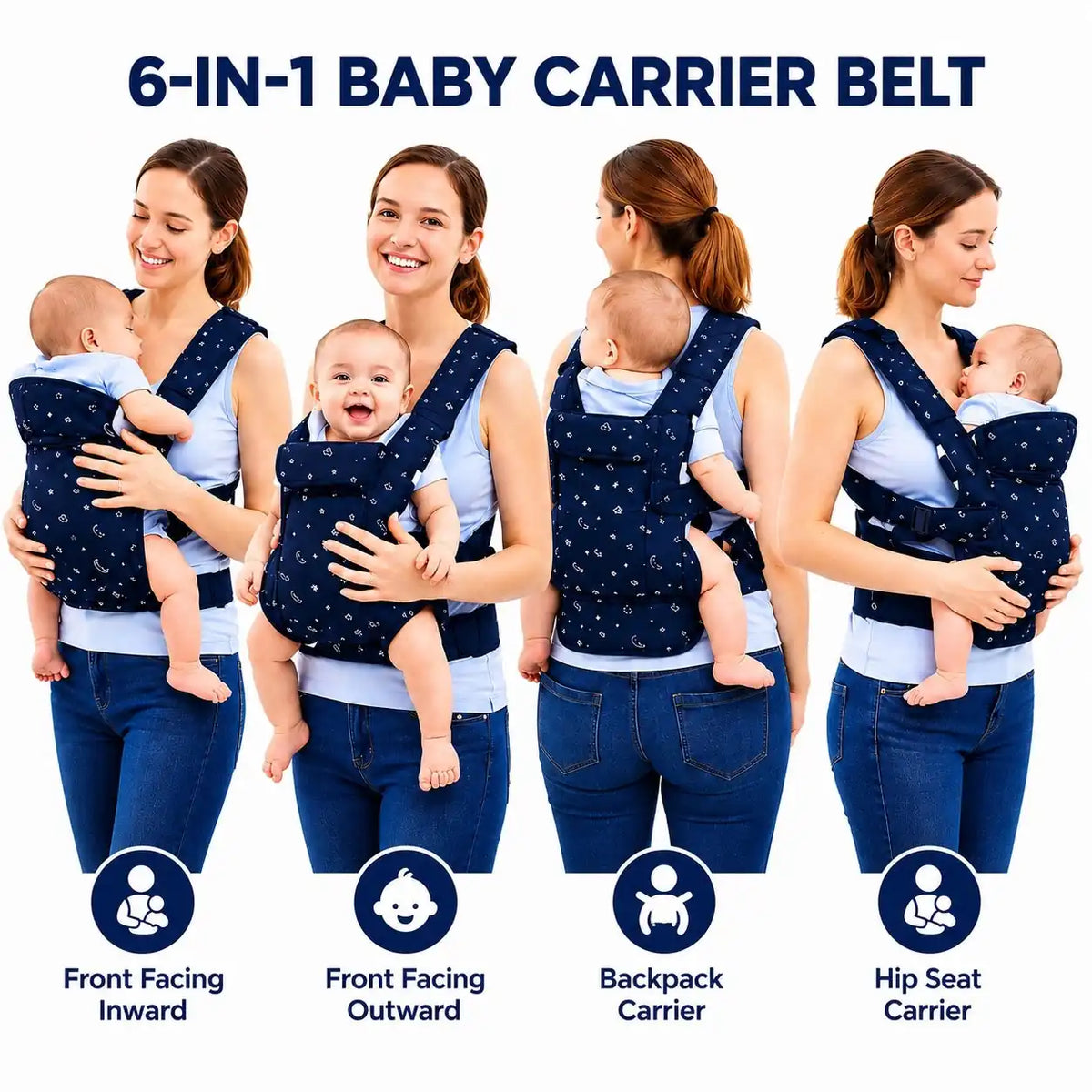 6 in 1 navy blue baby carrier belt showing multiple carrying positions for baby