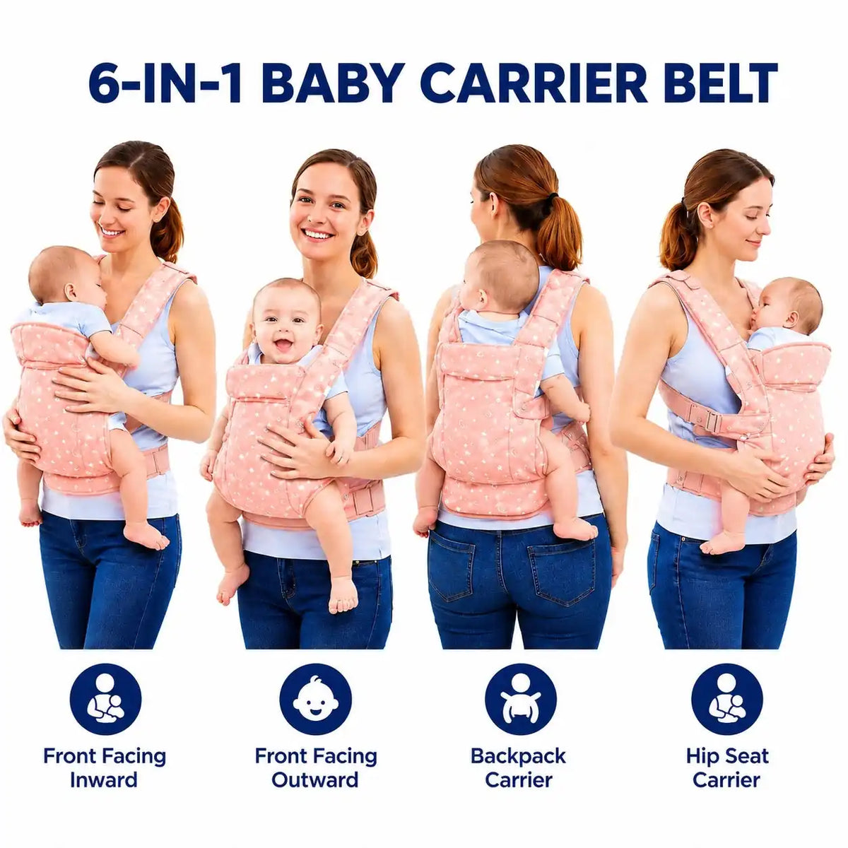 6 in 1 pink baby carrier belt showing multiple front backpack and hip seat carrying positions