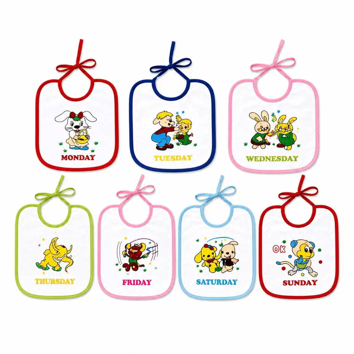 Pack of 7 Waterproof Baby Bibs with Monday to Sunday Cute Prints for Newborns and Infants