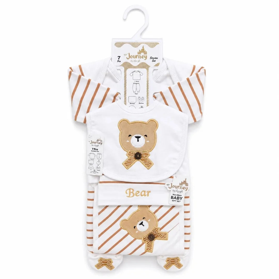 Brown baby bear design 7-piece cotton starter set for babies aged 0–3 months