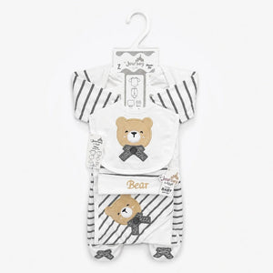 Grey baby bear design 7-piece cotton starter set with t-shirt, pants and accessories