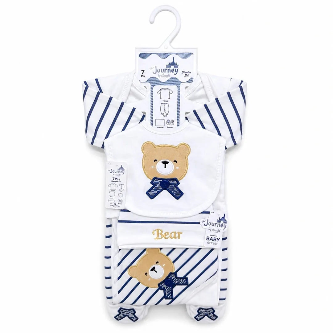 Blue baby bear design 7-piece cotton starter set with matching newborn essentials