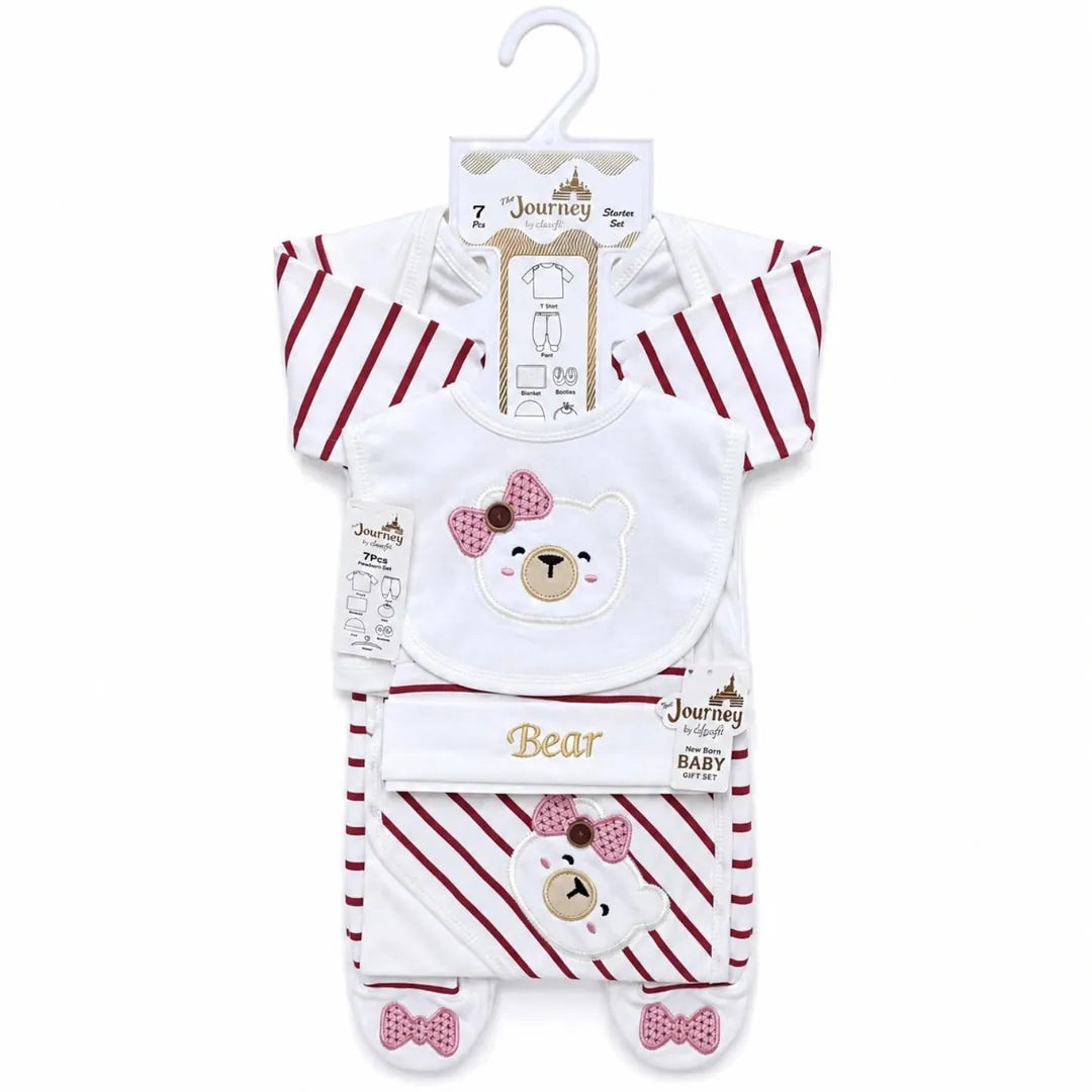Pink baby bear design 7-piece cotton starter set for newborn babies