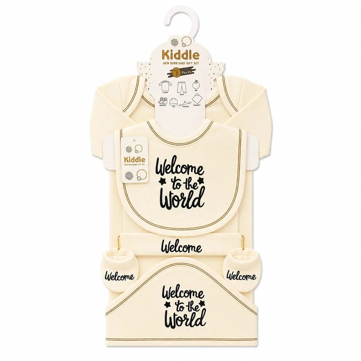 Cream 7 Pcs Newborn Baby Starter Set in Soft Cotton Fabric with Essential Clothing for 0 to 3 Months