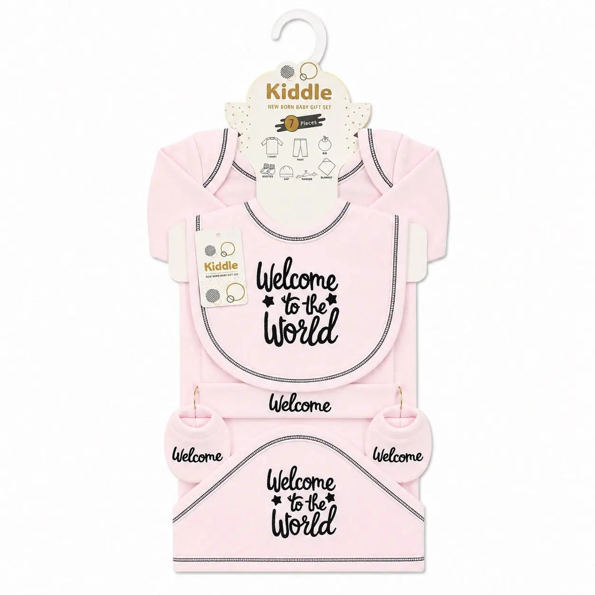 Pink 7 Pcs Newborn Baby Starter Set with Full Sleeves T-Shirt Pant Bib Cap Booties and Blanket