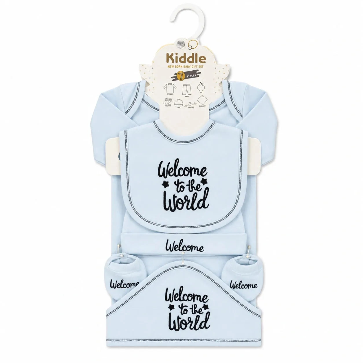 Blue 7 Pcs Newborn Baby Starter Set with Full Sleeves Shirt Pant Bib Cap Booties and Blanket for 0 to 3 Months