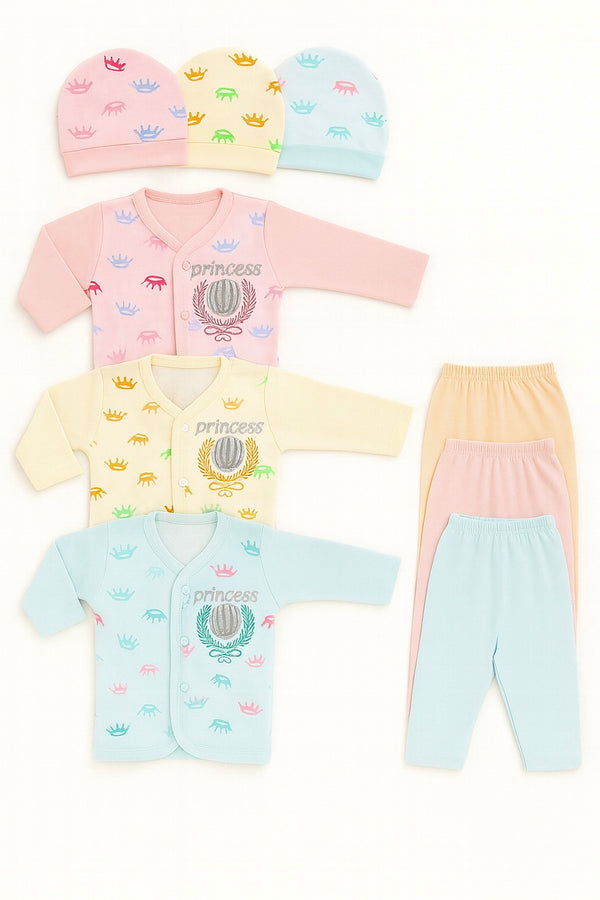 Princess crown 9-piece baby girl clothing set with shirts, pants & caps