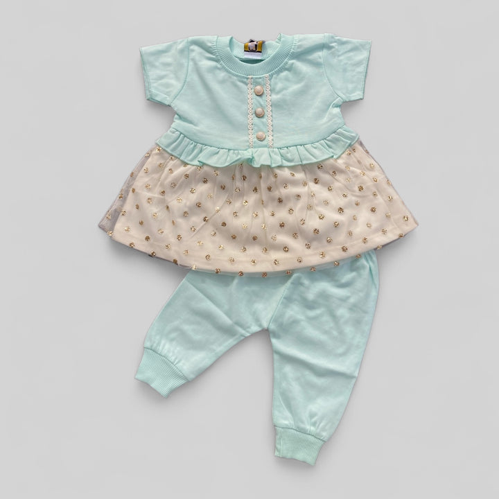 Soft cotton baby Frock and pajama set, perfect for newborn comfort.