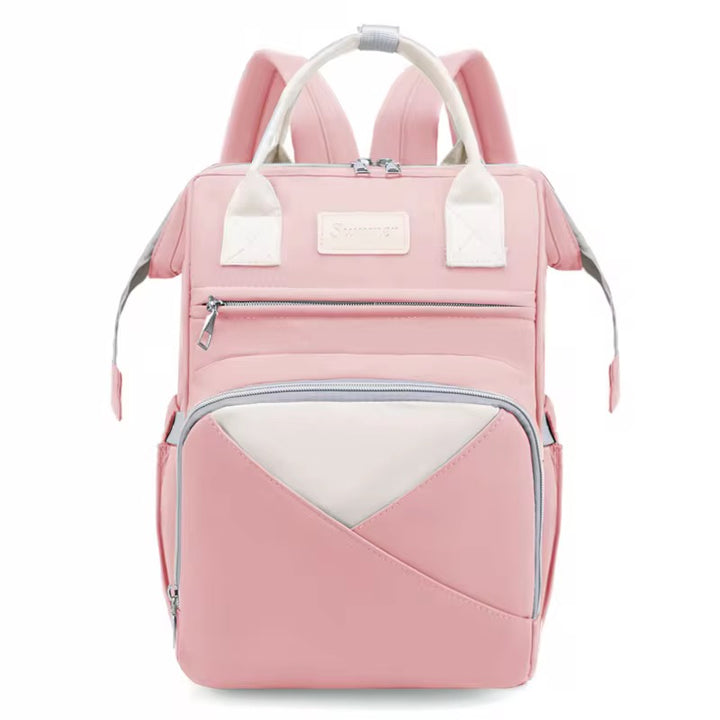 Multi-functional backpack with white accents and boxy shape